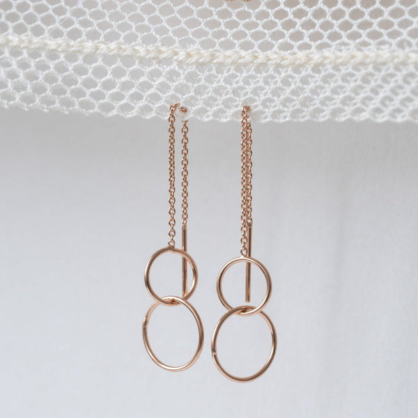 'Two small rings' chain stick earrings | rose gold